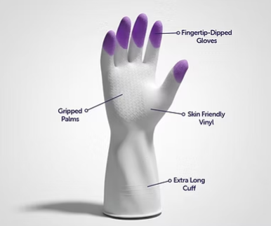 Reusable vinyl cleaning gloves with fingertip-dipped purple grip and extra long cuff