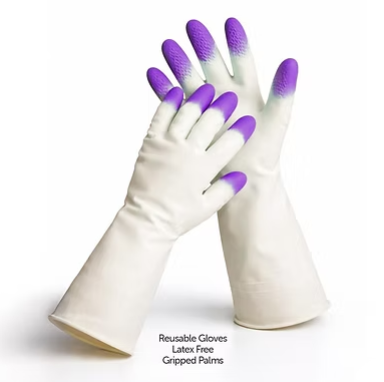 Reusable cleaning gloves with purple gripped palms; late-free, grippy fingertips