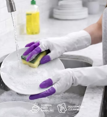 Reusable cleaning gloves: white vinyl with purple gripped palms and fingertips