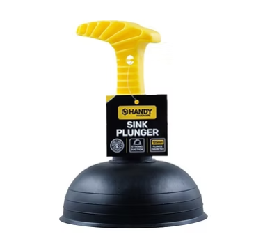 Black-and-yellow sink plunger with HANDY SINK PLUNGER label on handle