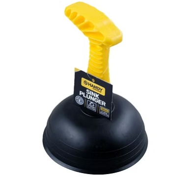 Yellow-and-black sink plunger with HANDY label and round rubber base