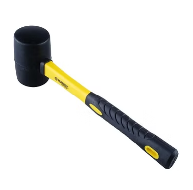 Rubber mallet with black head and yellow handle, black textured grip detail