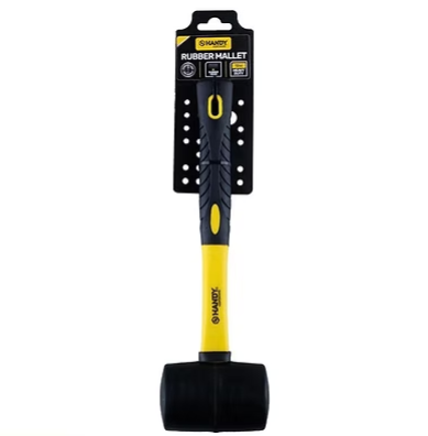 Rubber mallet in retail packaging, black head and yellow handle with grip