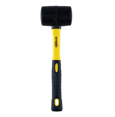 Rubber mallet with black head and yellow handle, black textured grip