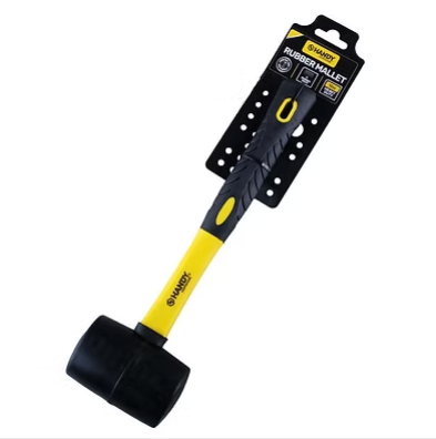 Rubber mallet with black rubber head, yellow handle with black grip accents