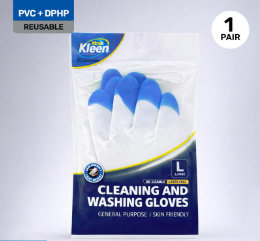 Package of cleaning and washing gloves; 1 pair, large, blue gripped palms; PVC+DPHP