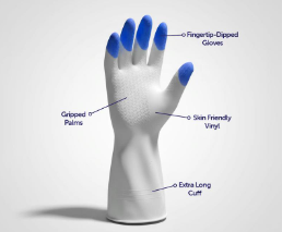 Single reusable cleaning glove with blue gripped fingertips and extra-long cuff