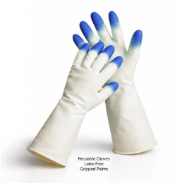 Pair of reusable cleaning gloves, blue gripped fingertips, long cuff; large