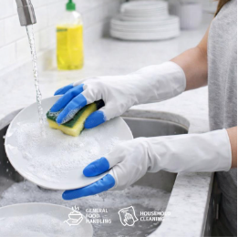 Reusable cleaning gloves with blue gripped palms, holding a sponge over a sink