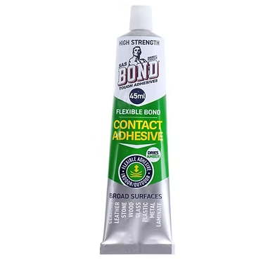 Flexible contact adhesive tube, green and silver label; dries amber, 45 mL