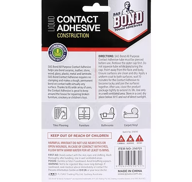 Contact adhesive packaging back panel with icons and safety information