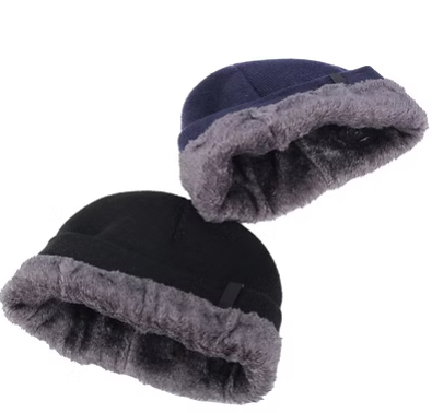 Thermal-lined ribbed beanie, black and navy with soft grey fleece cuff
