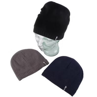 Thermal-lined knit beanies with ribbed cuffs in black, grey, and navy