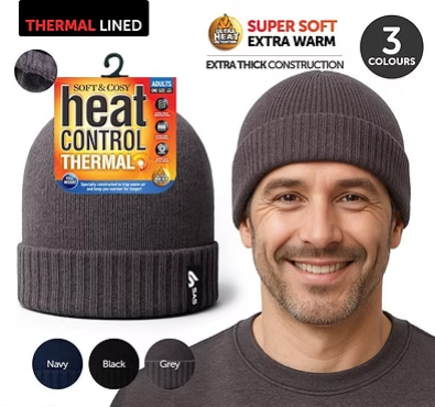 Thermal-lined ribbed cuff beanie, dark grey knit with cuff fold