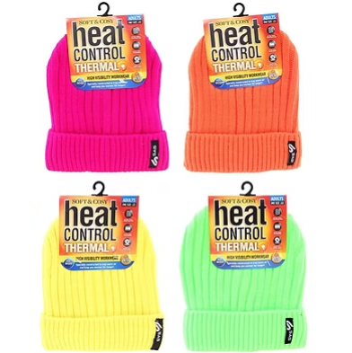 Four-pack thermal-lined hi-vis beanies in pink, orange, yellow, and neon green.