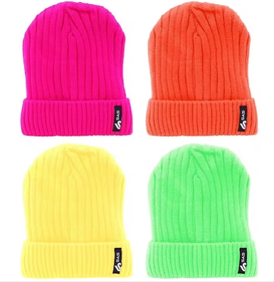 Knitted thermal beanie set: pink, orange, yellow, and green, all with rolled cuffs.