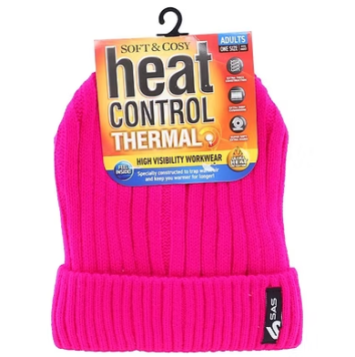 Thermal-lined hi-vis beanie in bright pink with rolled cuff and side label.