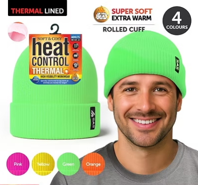Thermal-lined hi-vis beanie in neon green with rolled cuff and side label.