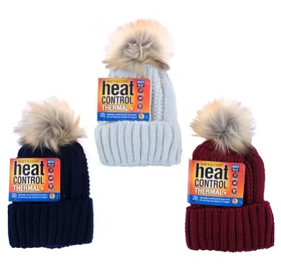 Thermal-lined ribbed knit beanies in light gray, navy, and maroon with faux-fur pom-poms