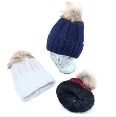Navy, white, and maroon thermal-lined ribbed knit beanies with faux-fur pom-poms