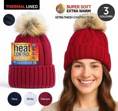 Maroon thermal-lined ribbed knit beanie with cream faux-fur pom-pom, on model