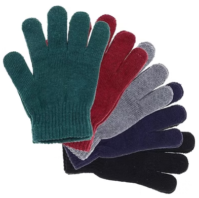 Assorted kids knit gloves: teal, red, grey, navy, and black with ribbed cuffs