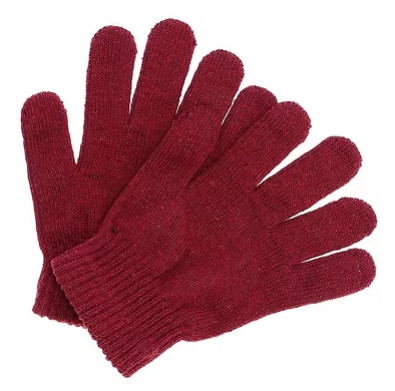 Kids basic knit gloves in maroon, close-up ribbed hand and cuffs