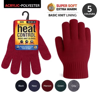 Kids knit gloves in maroon, ribbed cuffs and finger tips