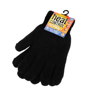Black thermal lined knit gloves with ribbed cuffs and fuzzy chenille-like texture