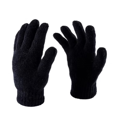Black thermal lined chenille gloves, two-hand view, thick fuzzy knit texture