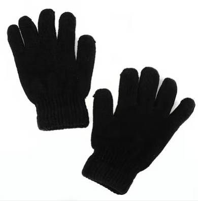Black thermal knit gloves with ribbed cuffs and soft textured fabric