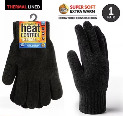 Black thermal lined chenille knit gloves with ribbed cuffs, 1 pair