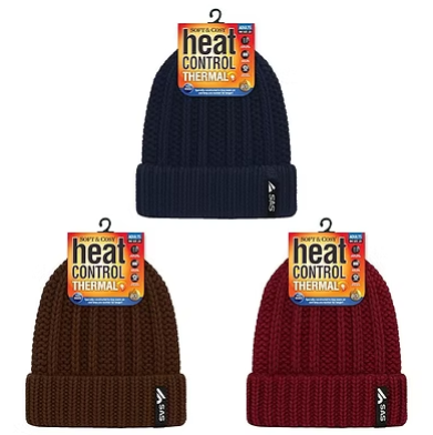 Thermal-lined chunky knit beanies in navy, brown, and burgundy, folded cuff, logo patch