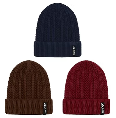 Thermal-lined chunky knit beanies: navy, brown, and burgundy with folded cuff and logo patch