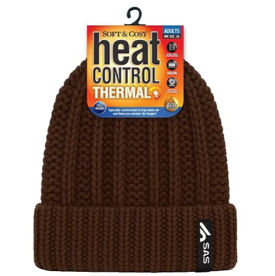 Thermal-lined chunky knit beanie in brown, folded cuff, sewn logo patch