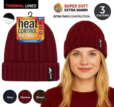 Thermal-lined chunky ribbed beanie in burgundy, folded cuff, small logo patch