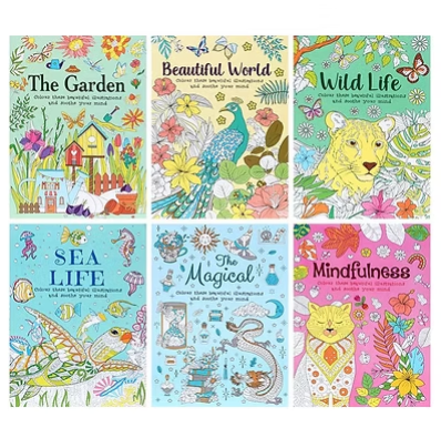 Adult colouring book cover set showing six themes: garden, sea, wild life, mindfulness