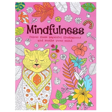Adult colouring book cover with mindfulness cat and colorful floral leaf doodle art