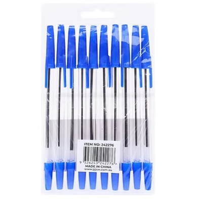 Back view of 10 blue ballpoint pens in a clear plastic sleeve