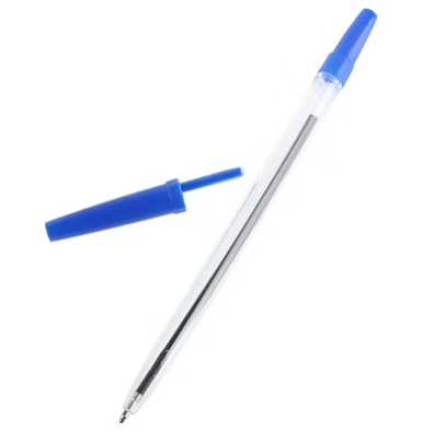 Single blue ballpoint pen with click-style tip and clear barrel