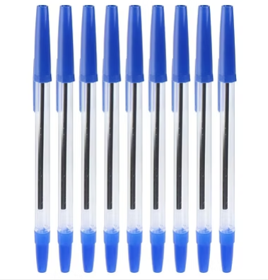 Blue ballpoint pens 10-pack with clear barrels and blue caps