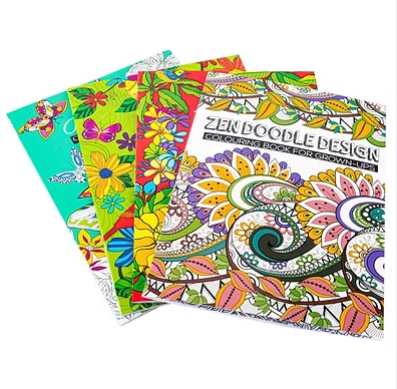 Adult coloring book, 32-page A4 covers with teal and colorful Zen Doodle Design