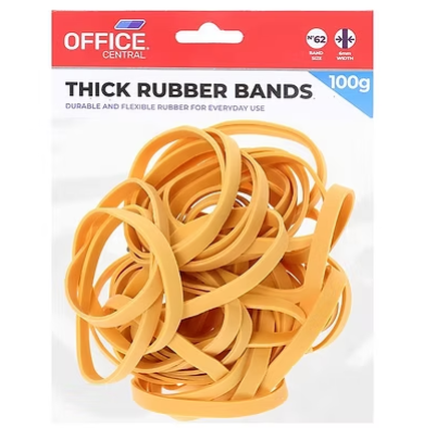 Office Central thick rubber bands, 100g pack of yellow 6mm bands
