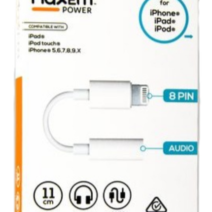 Boxed white 8-pin headphone adaptor to 3.5mm audio, illustrated connectors on front