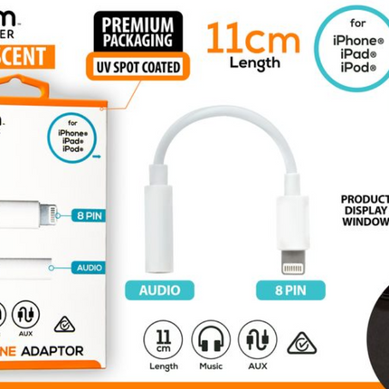 White 8-pin to 3.5mm headphone adapter with dual-ended cable, boxed with display window