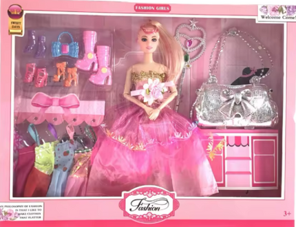 Girls princess doll in pink dress with tiara, necklace, handbag, and dress accessories