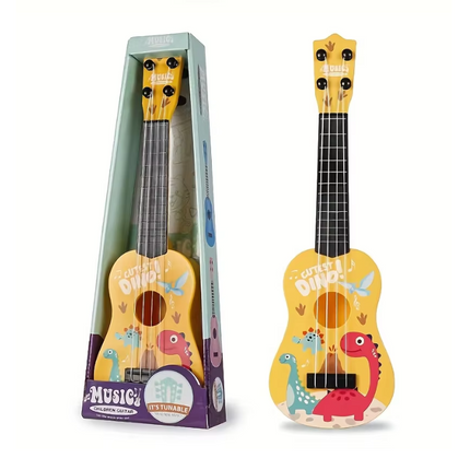Toy guitar gift set display with yellow and blue animal graphic bodies and black strings