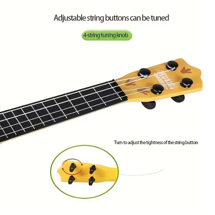 Toy guitar neck with black grid fretboard and four tuning knobs on yellow head