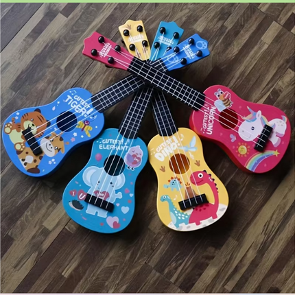 Five kids toy guitars in assorted colors with animal artwork, black fretboards