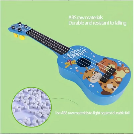 Blue kids toy guitar with animal stickers, black fretboard, and round sound hole